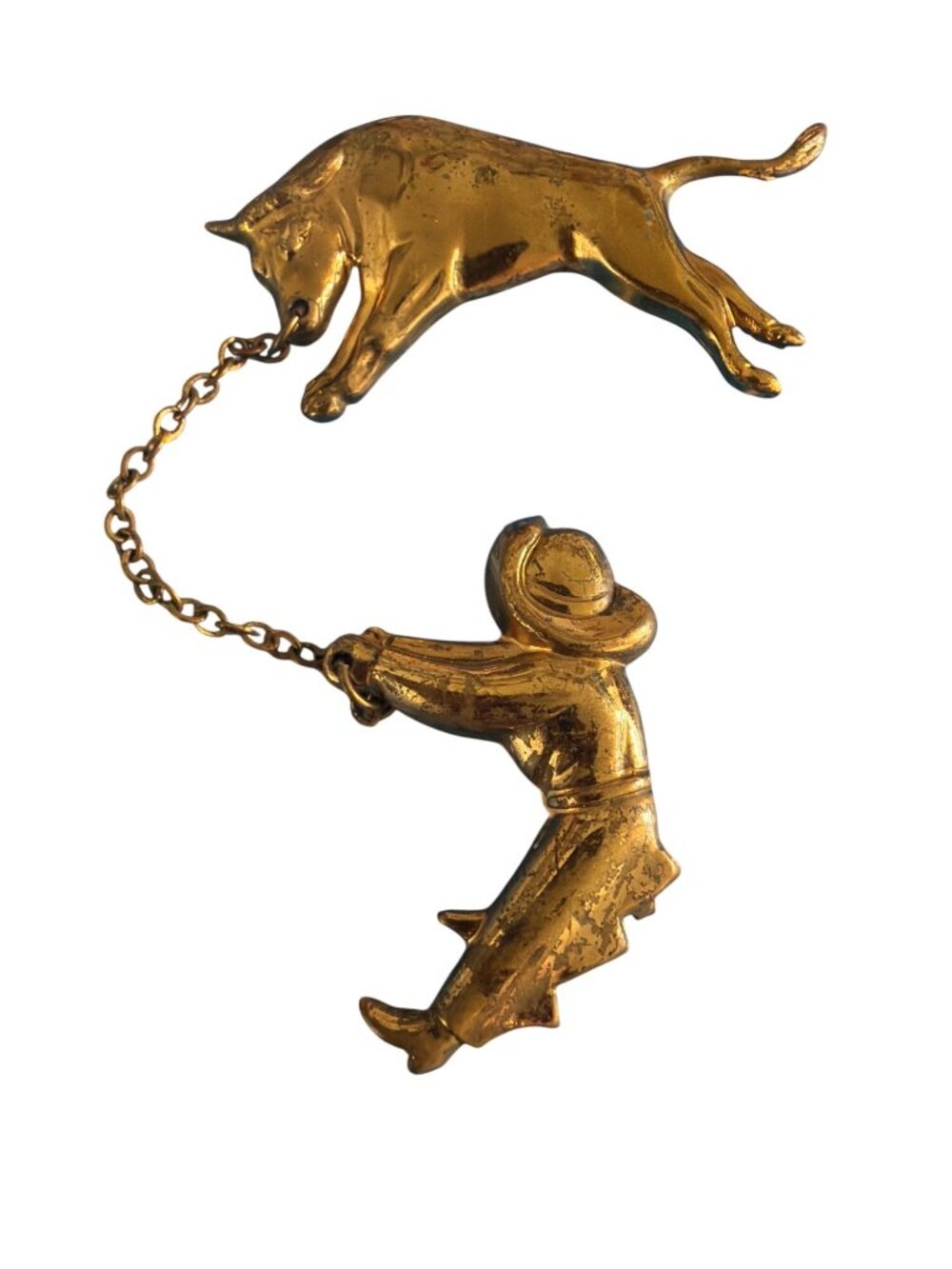 Vintage Bull Matador Gold Tone Double Brooch Sweater Guard Chatelaine Estate